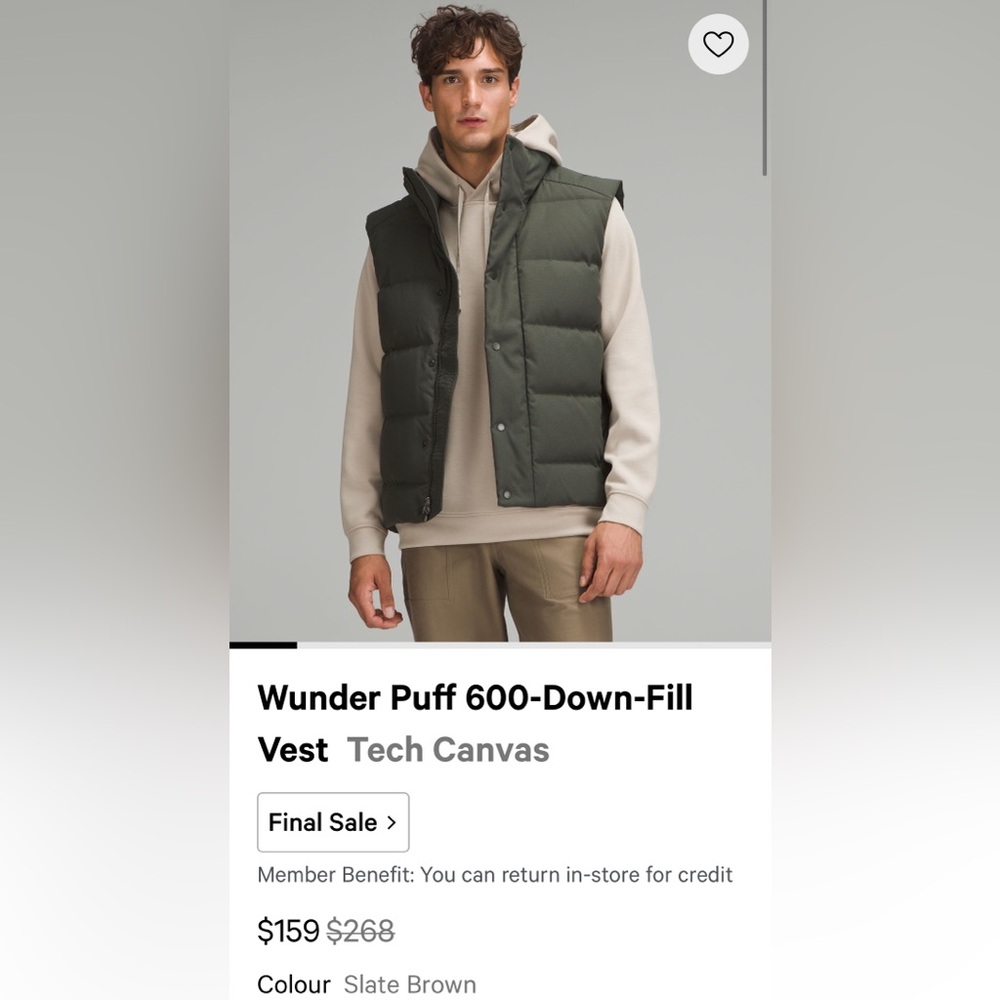 NWT Lululemon Men’s Wunder puff 600-down-fill vest Tech canvas